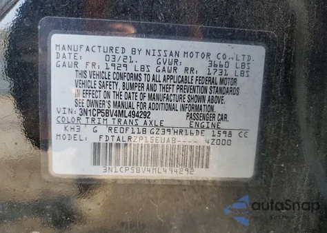 2021 Nissan Kicks S z USA, uszkodzony, nr VIN 3N1CP5BV4ML494292